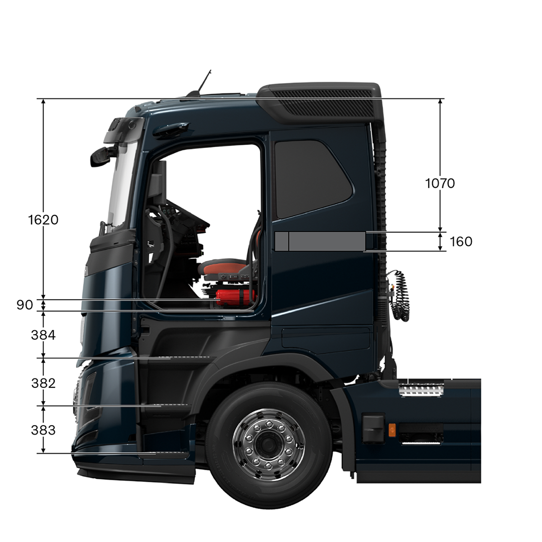 Volvo FH16 Aero sleeper cab with measurements, viewed from the side